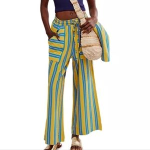 Free People Beach Dana Pants Turquoise Striped Yellow and Blue Wide-Leg Pants XS